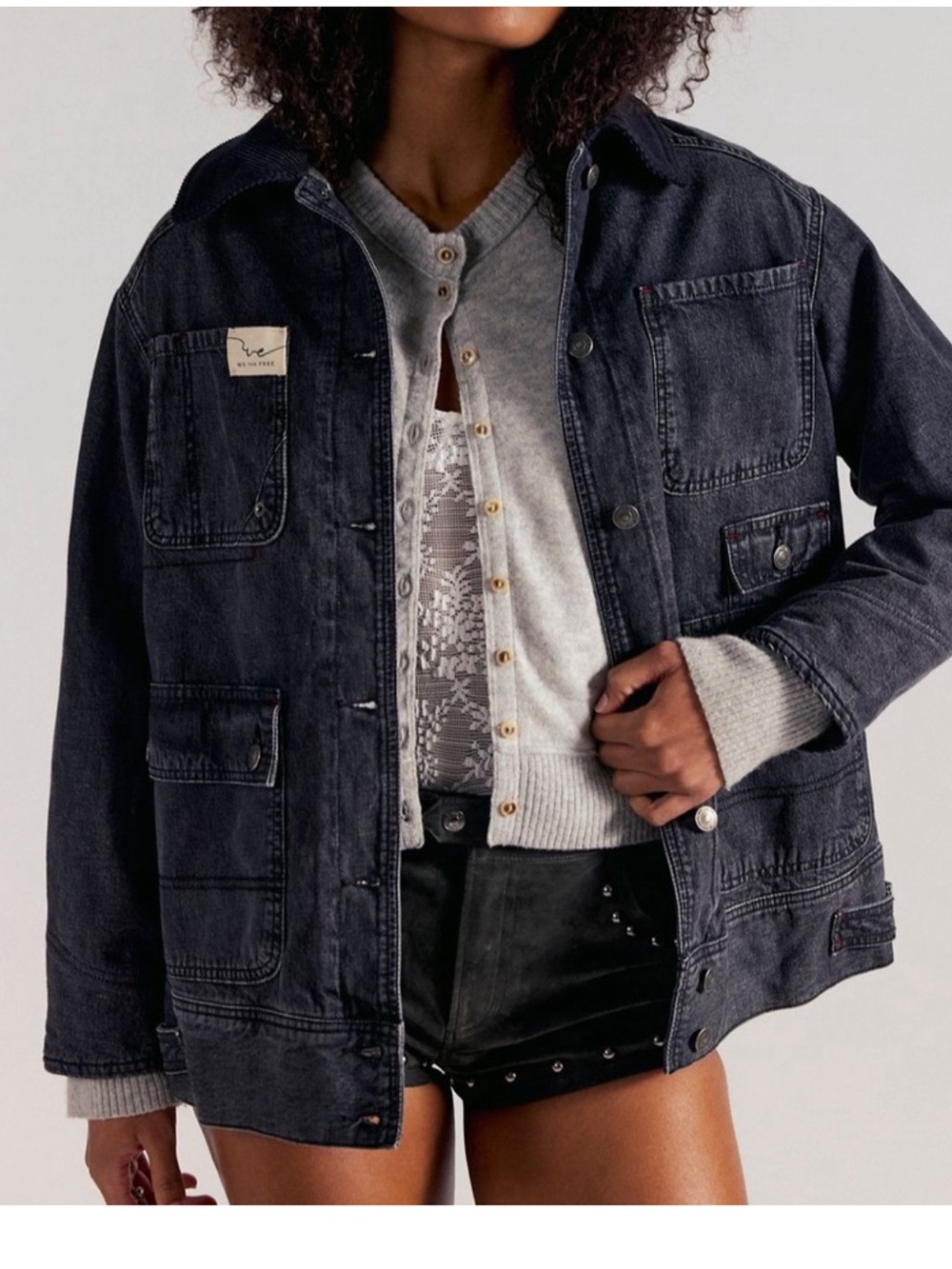 Free people barn jacket . Plaid interior! Warm gorgeous Dark Wash Denim! New! S